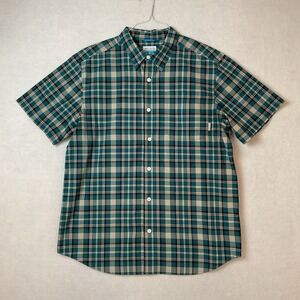 Columbia Sportswear Shirt Mens L Green Tan Plaid Button Front Short Sleeve